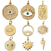 COGCHARGER 9 Pcs Evil Eye Brass Charm Cubic Zirconia Eye Charm Pendants Flat Round Eye Pendants for Jewelry Necklace Bracelet Earring Making