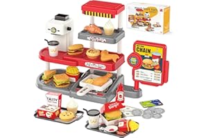 KID E WAN KidEwan Pretend Play Food Set with Cash Register Water Dispenser, Fake Food Toys Hamburger, Fried Chicken, Egg Tart, Sandwiches, Drinks, Play Kitchen Accessories for Toddler Boys Girls Ages 3+(Red)