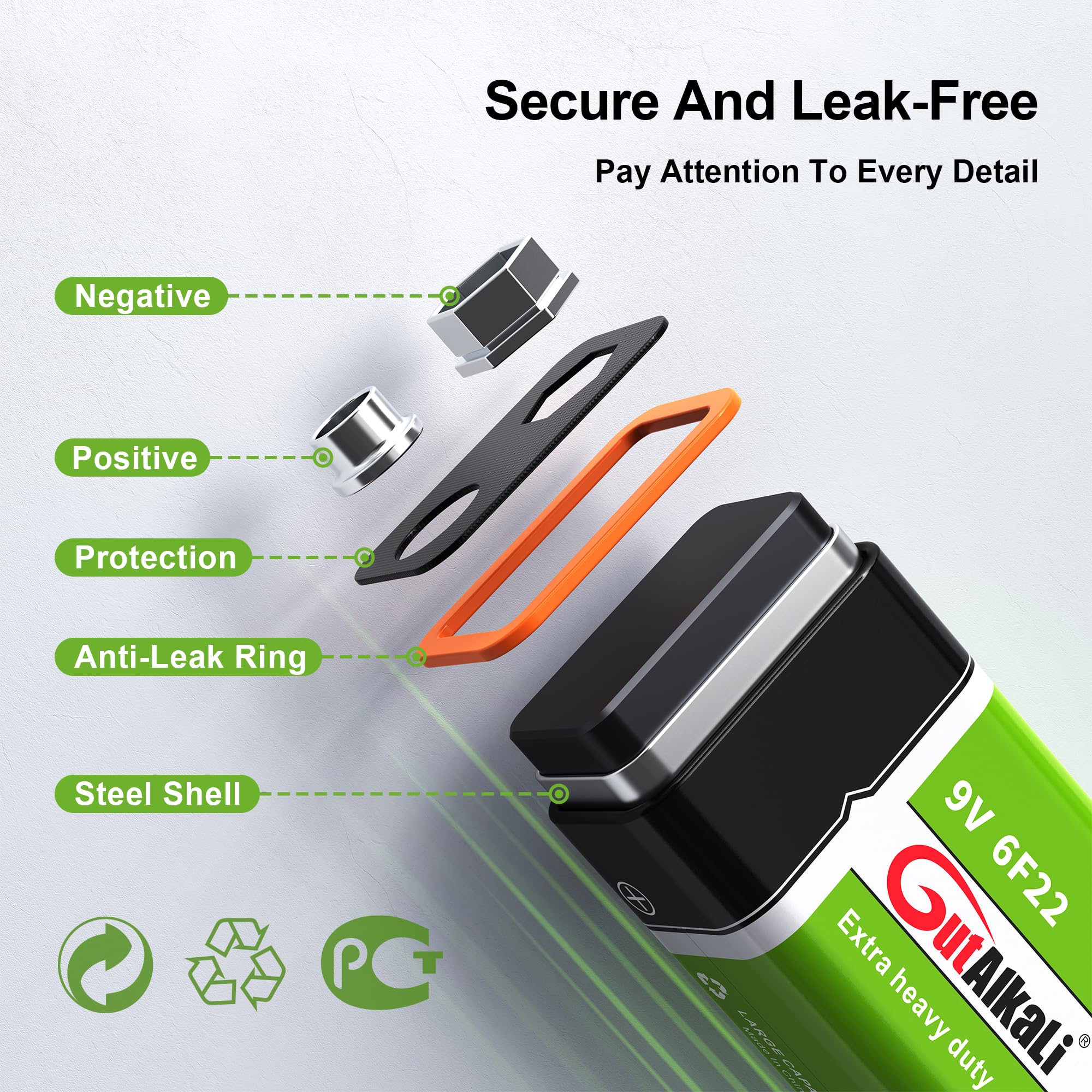 GutAlkaLi Batterien 9V Blockbatterie, 6 Stück, Longlife Power für Rauchmelder, Brand- & Feuermelder, Mikrofon 6lr61 6F22 PP3 MN1604 3