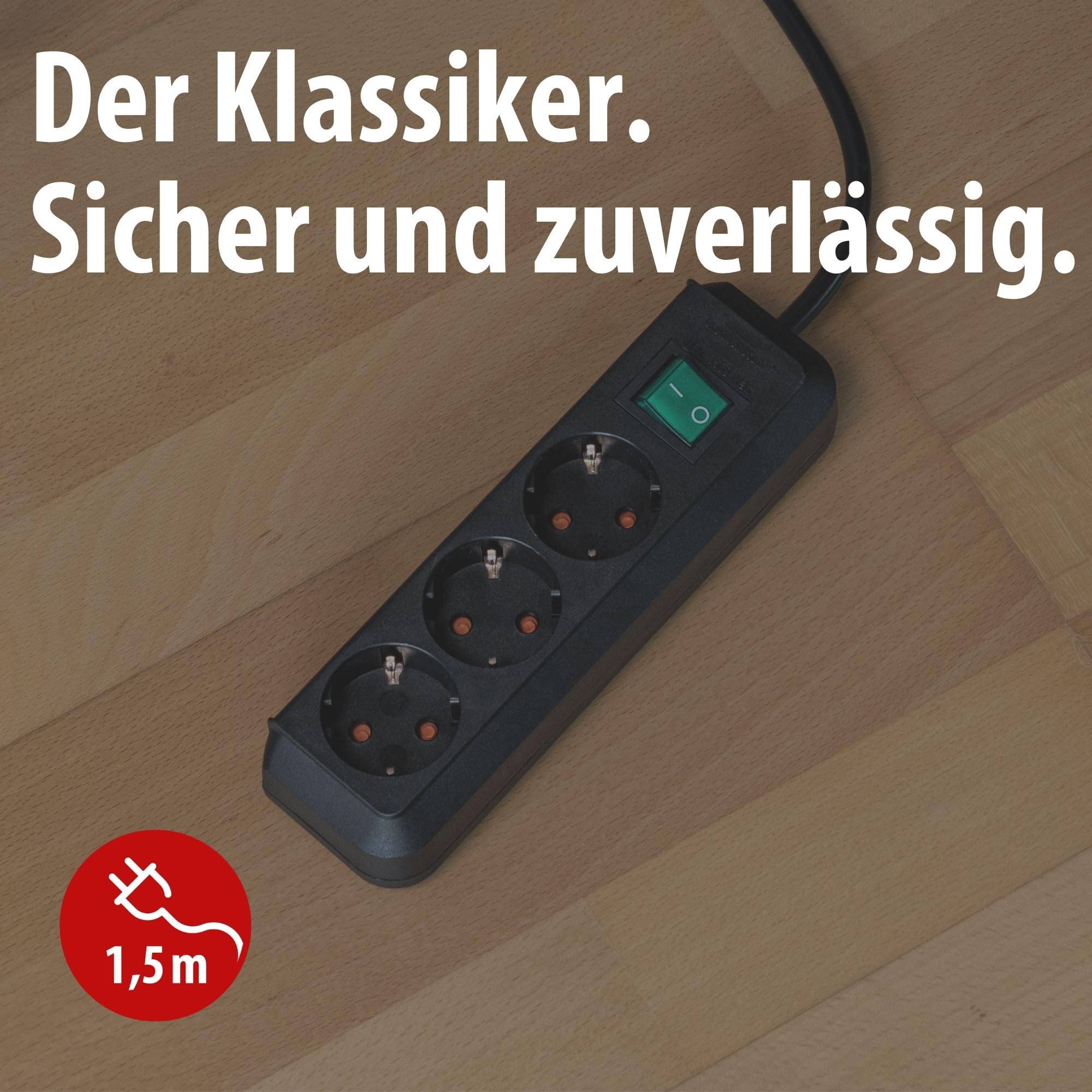 Brennenstuhl Eco-Line, Steckdosenleiste 3-Fach (Mehrfachsteckdose mit erhöhtem Berührungsschutz, Schalter und 1,5m Kabel) schwarz 2
