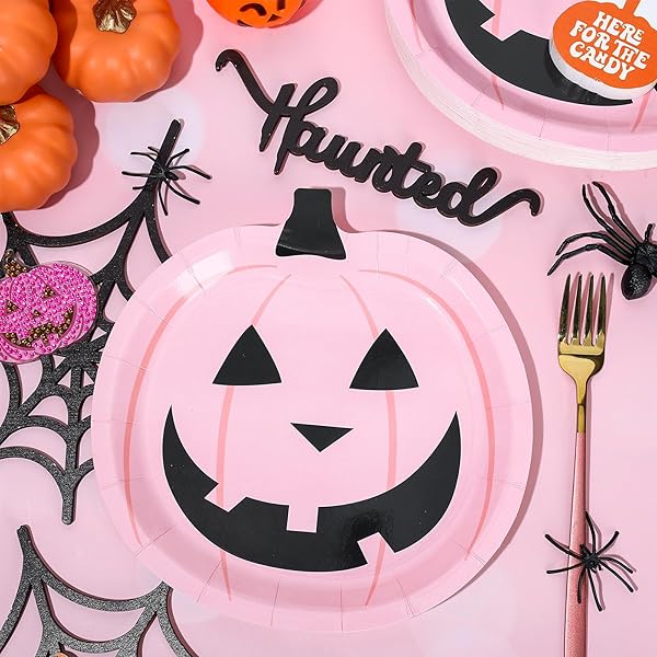JARTHENAAMCS 40PCS HALLOWEEN PAPER PLATES PINK PUMPKIN FACE DISPOSABLE PLATES 9 INCH CUTE CARTOON PUMPKIN DECORATIVE PLATES FOR HALLOWEEN BIRTHDAY BABY SHOWER TABLE DECOR PARTY SUPPLIES