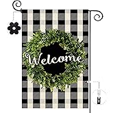 Baccessor Boxwood Wreath Welcome Garden Flag Double Sided, Buffalo Plaid Check Spring Yard Flag Burlap, Small Farmhouse Rustic Flags for Outdoor Outside Decor 12.5 X 18 Inch