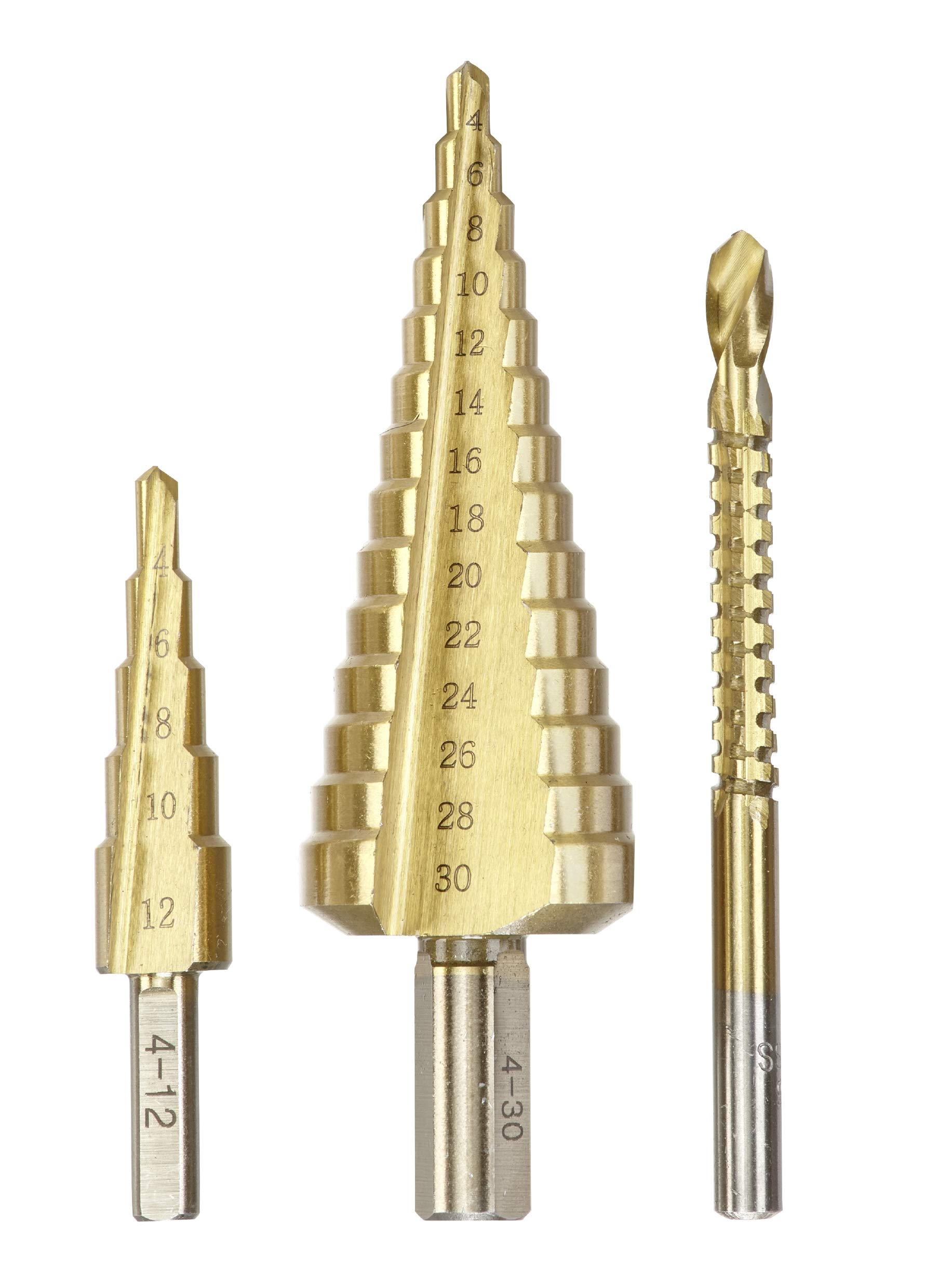 kwb 525890 Step Drill, 3-Piece Set with milling Drill, 1 x 4-12 mm and 4-30 mm, Surface Titanium-nitrided