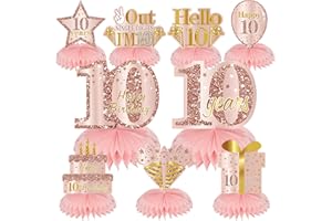 Turypaty 10th Birthday Honeycomb Centerpieces Decorations for Girls, Pink Rose Gold 9Pcs Happy 10th Birthday Table Centerpieces Party Supplies, Peace out Single Digits I'm 10 Birthday Table Toppers