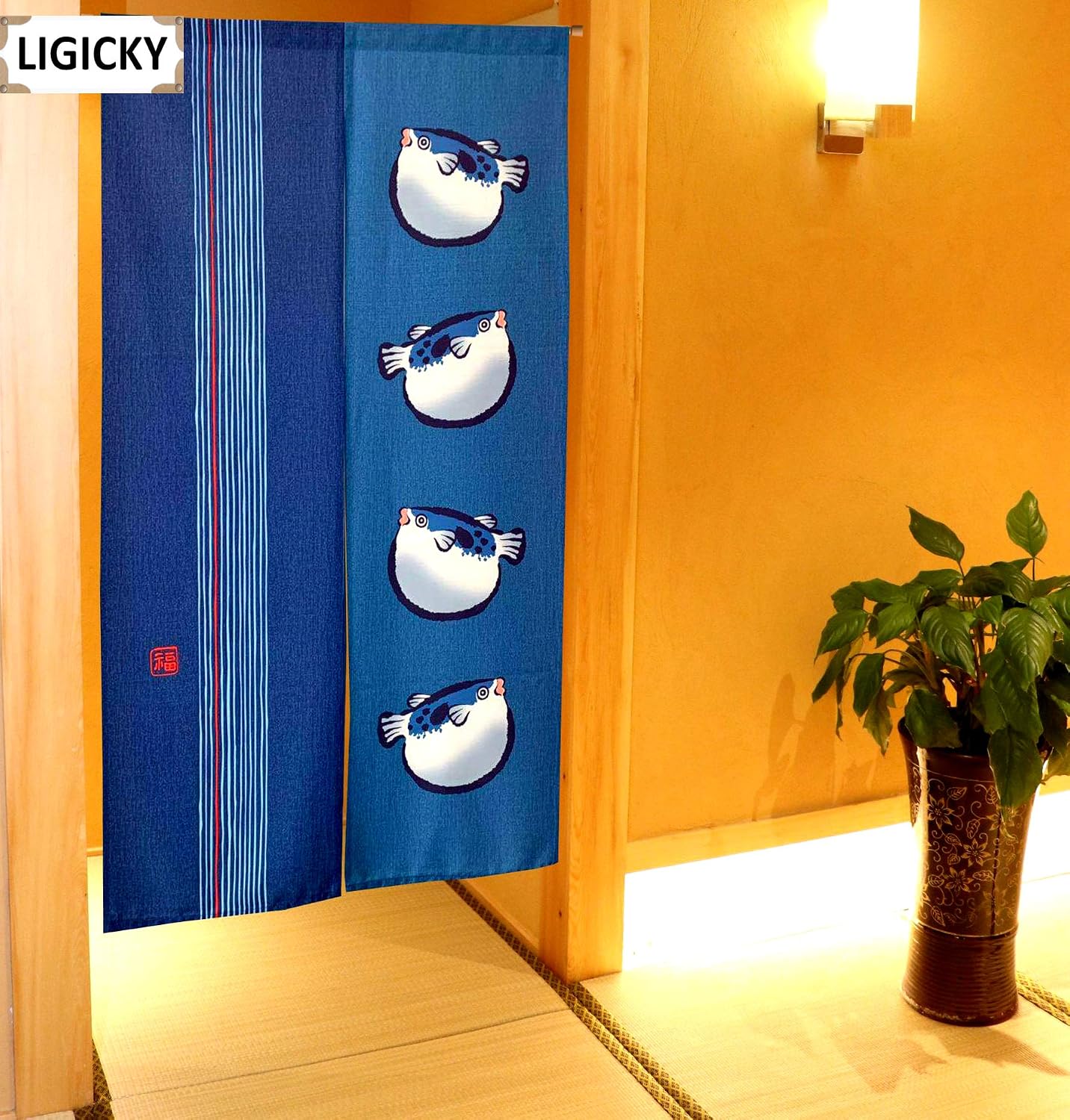 LIGICKY Japanese Style Doorway Curtains Traditional Noren Long Door Tapestry for Home Decoration 33.5 x 59 inch, Blue (Puffer Fish) - Image 4