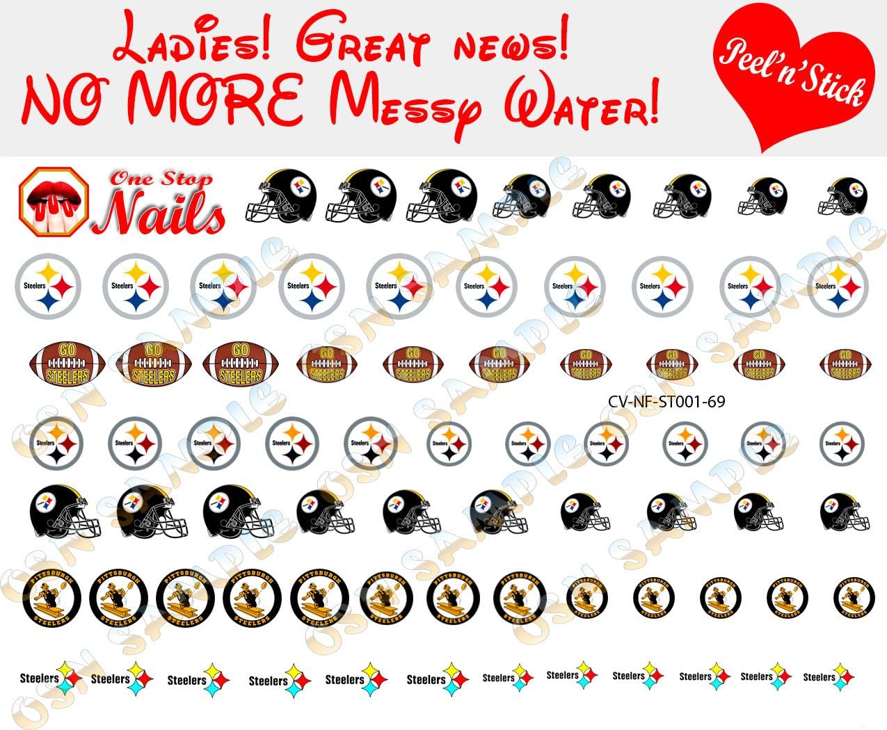 Steelers Clear Vinyl PEEL and STICK (NOT Waterslide) nail decals/stickers V1. Set of 69. (Version A2)