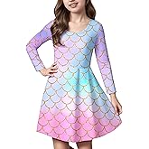 Hiseewuun Girl Dress Long Sleeve A Line Halloween Graphic Mermaid Dresses 4-11 Years