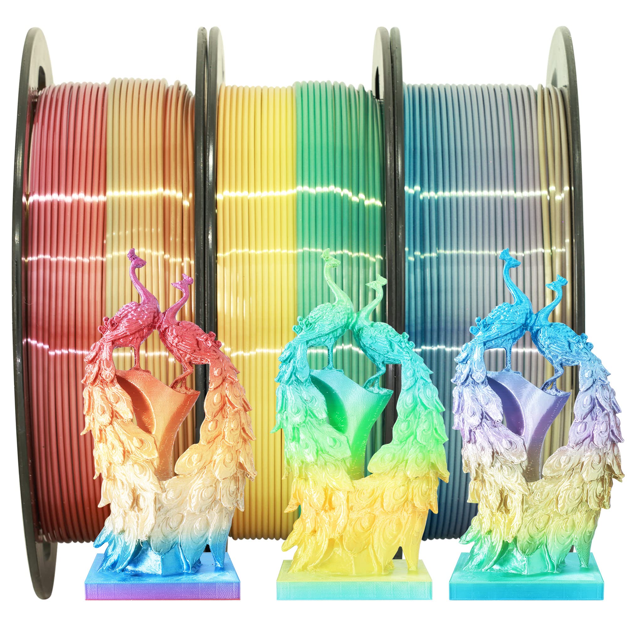 Photo 1 of 1.75mm Silk Fast Color Change Rainbow PLA, 3 Different Multi Color PLA Filament Bundle, Rainbow Orange-Red, Blue-Purple, Yellow-Green, 0.5kg 3 Spools Packed, Total 1.5kg 3D Printer Material by MIKA3D