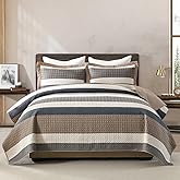 QuiltEase Stripe Queen Quilts - 100% Cotton Farmhouse Bedspread Bedding Set for All Season - Lightweight Reversible 3 Pieces Quilt Sets - Brown/Oatmeal/Charcoal Gray