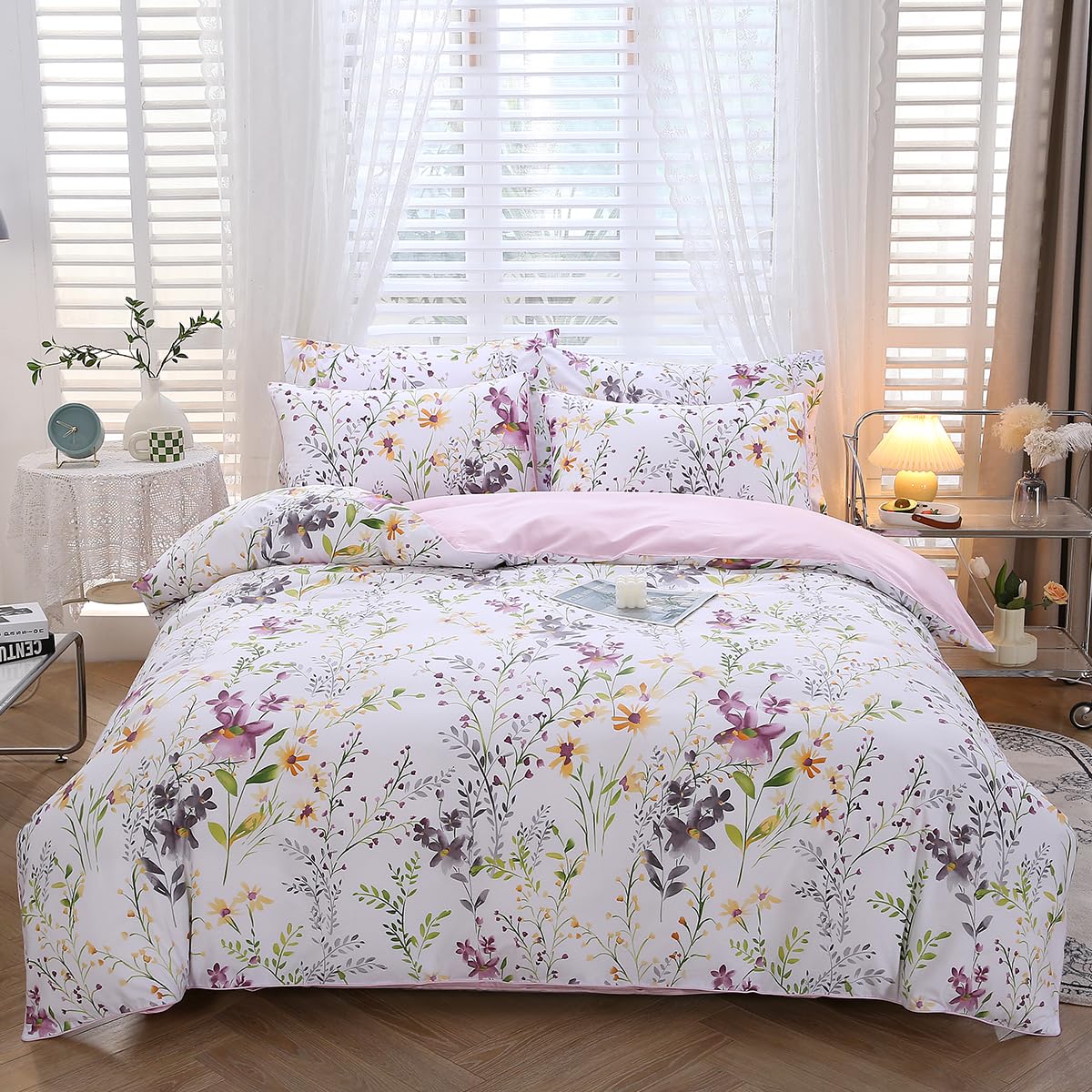 STYHO 3 Pieces Egyptian Cotton Bedding King Size Duvet Cover Set-Purple Floral Bedding with Pillowcases-Ultra Soft Comfortable Ink Flowers Bedding Sets for All Seasons(Purple Flower, King)