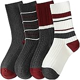 Arukora Thermal Striped Crew Socks, Women's Gray Black White Burgundy Pattern Calf Sock 5-9