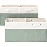 FinishingBo 13x13x13 Storage Cube Bins 4 Pack, Cube Shelf Baskets | Foldable Storage Cubes, Linen Storage Bins with Handles, Closet Organizers, White/Green