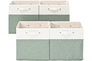 FinishingBo 13 x 13 Inch Fine Linen Storage Bins with Handles，Fabric Cube Boxs，Collapsible Basket Organizers for Shelves for Home, Closet Drawers (White/Green-4 Pack )