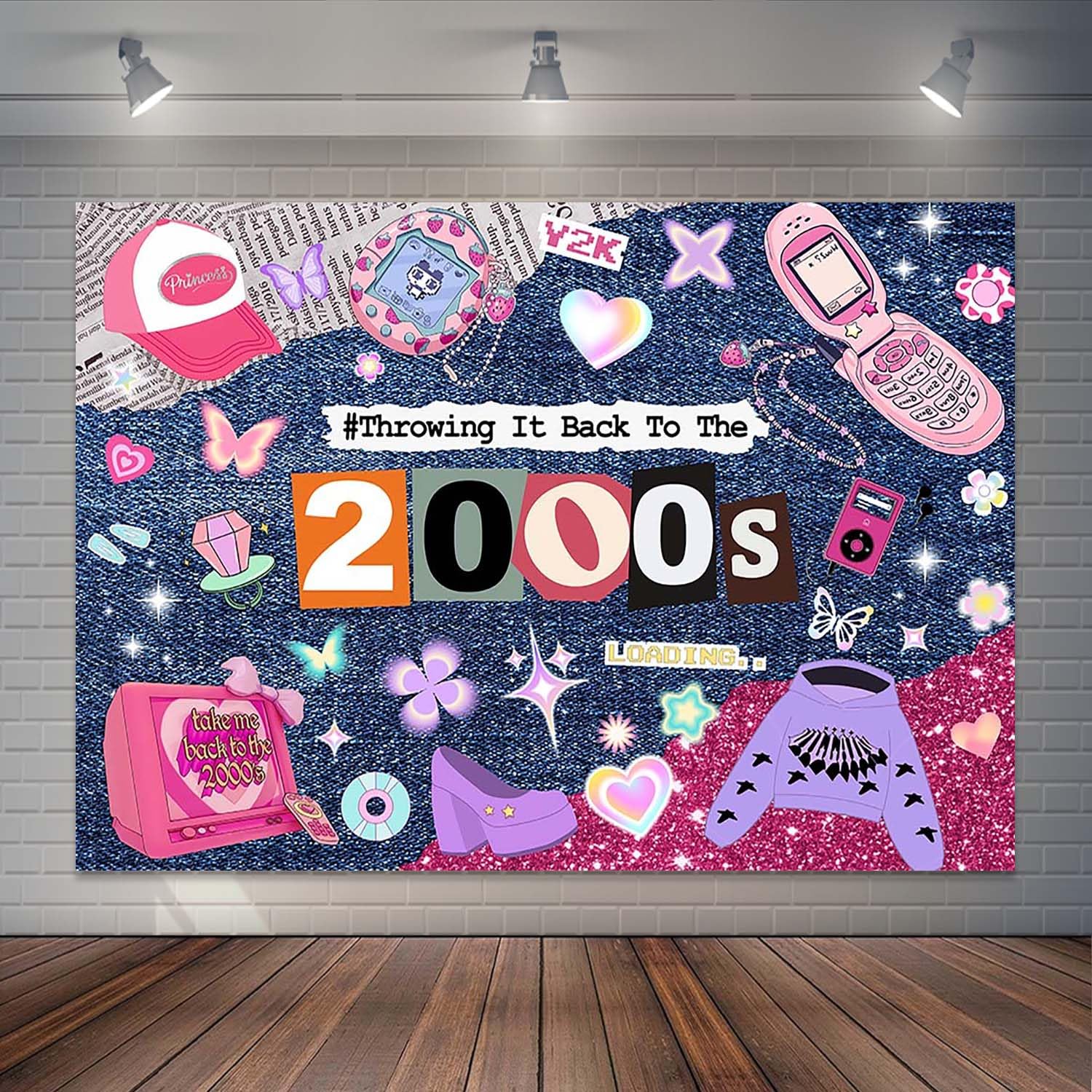 Photo 1 of Joliaco Early 2000s Backdrop Y2k Theme Diamond Denim Photography Background for Girls Retro Fashion Throwback to The 00's Party Decorations Banner Photo Studio Props (7x5ft)