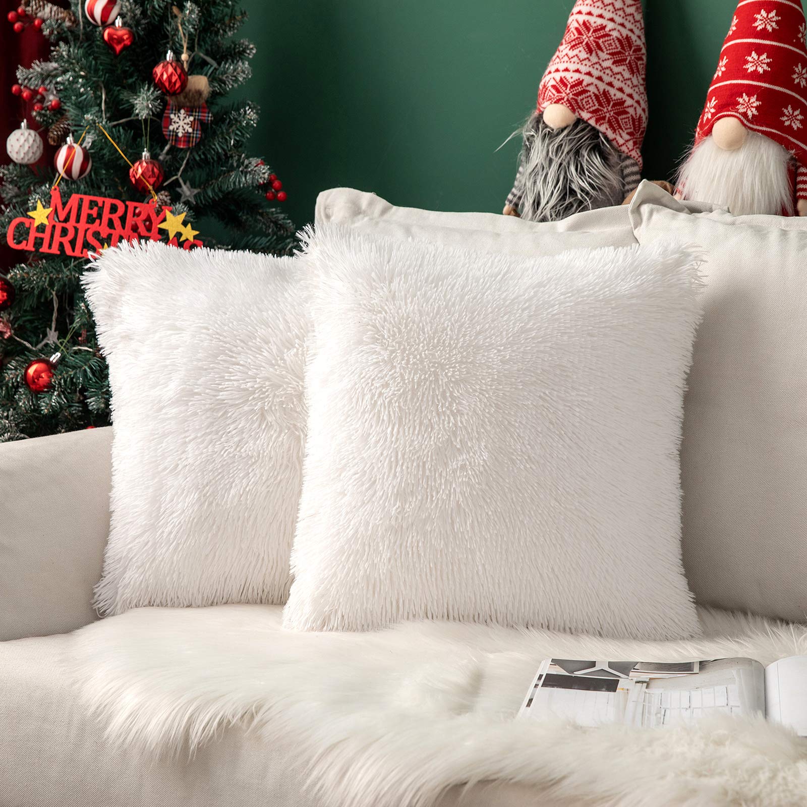 MIULEE Pack of 2 Faux Fur Cushion Covers Fluffy Soft Decorative Square Pillowcase Plush Case Faux Fur Throw Pillow Cover For Livingroom Sofa Bedroom 16x16 Inch 40x40cm 16"x16" White
