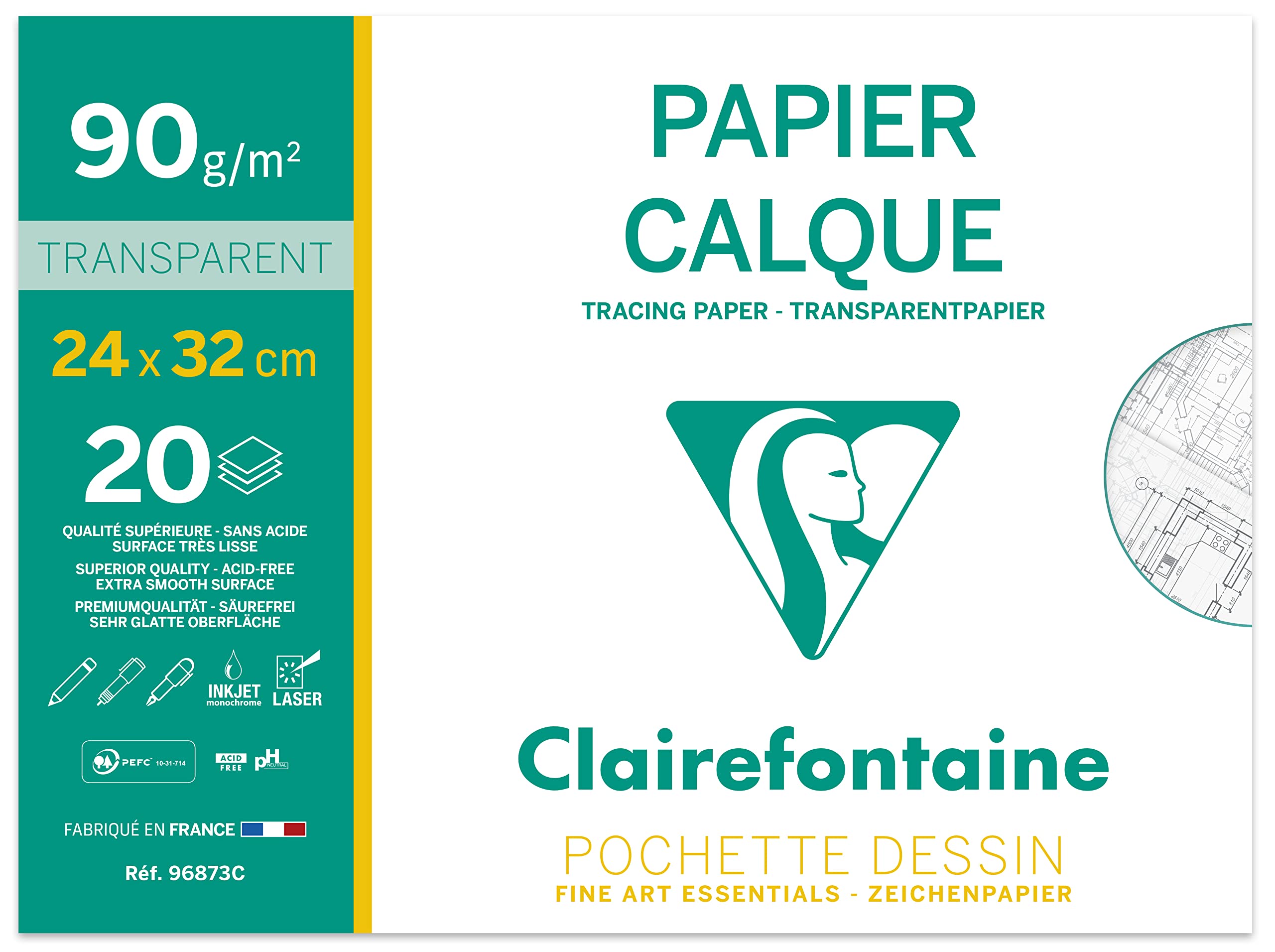 Clairefontaine - Ref 96873C - Tracing Paper (20 Sheets) - 24x32cm Sized, 90/95g, High Transparency, Smooth Surface, Acid Free, Printable - Suitable for Ink, Marker & Pencil