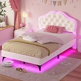 ADORNEVE Princess Bed Frame Twin Size with Adjustable Headboard for Girls | Platform Bed, LED Lights, Crystal Button Headboard,Velvet Upholstered,Solid Wooden Slats,Easy Assembly,Creamy White