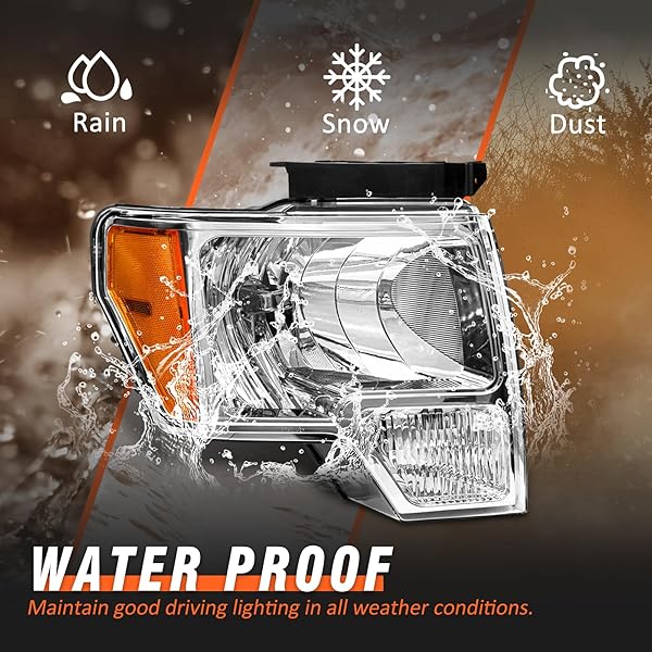 AXLAHA HEADLIGHT ASSEMBLY COMPATIBLE WITH 2009-2014 FORD F150 OE STYLE PICKUP DIRECT REPLACEMENT HEADLAMP WITH CHROME HOUSING AMBER REFLECTOR CLEAR LENS DRIVER AND PASSENGER SIDE