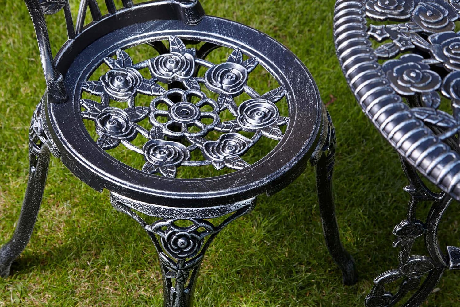 Home Source Rose Garden Patio Outdoor Bistro Set Table and 2 Chairs Metal Garden Furniture, Grey, 3 Piece Set - Image 5