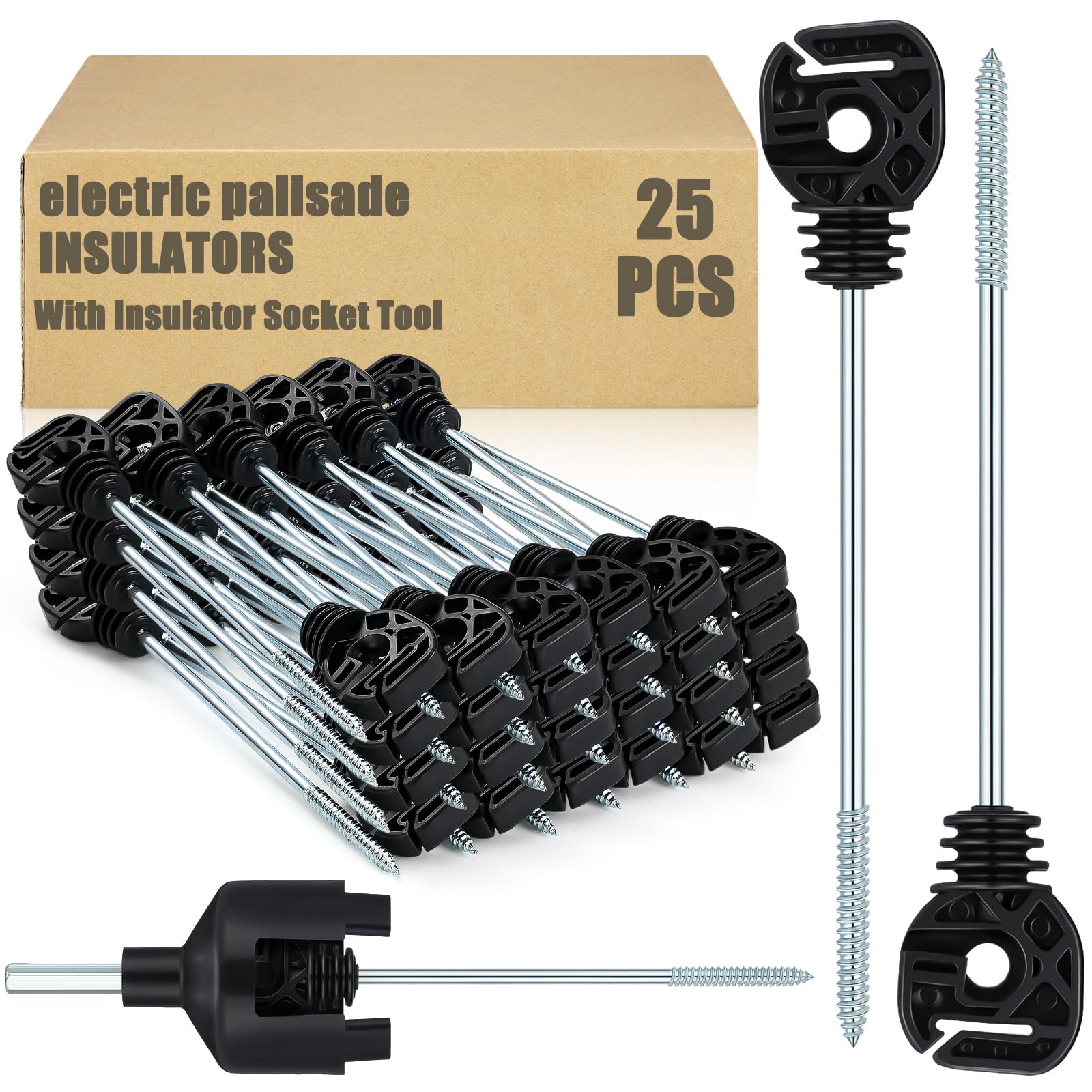 Photo 1 of Tandefio 25 Pcs Electric Fence Wire Insulator with 1 Pcs Insulator Socket Tool Screw in Insulator Black Wood Fence Post Insulator Long Arm Post Insulator for Animal Agricultural Garden Fence