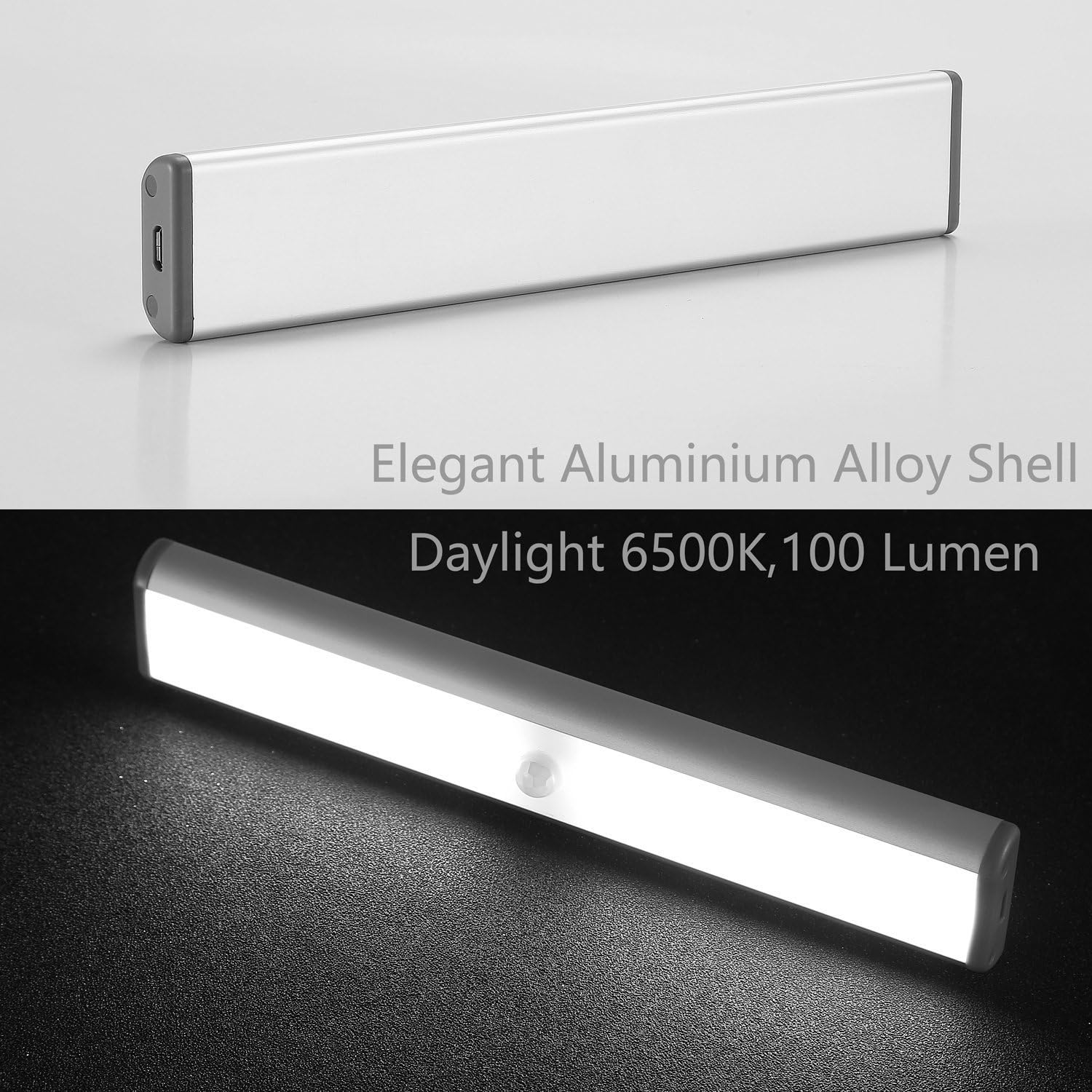 Moston 10 LED Magnetic Motion Sensor Wardrobe Closet Lights,Auto On/Off Under Cupboard Cabinet Lighting,Rechargeable Battery Powered Sensing Night Light,Stick-on Anywhere (Silver Aluminium,2 Pack) - Image 4