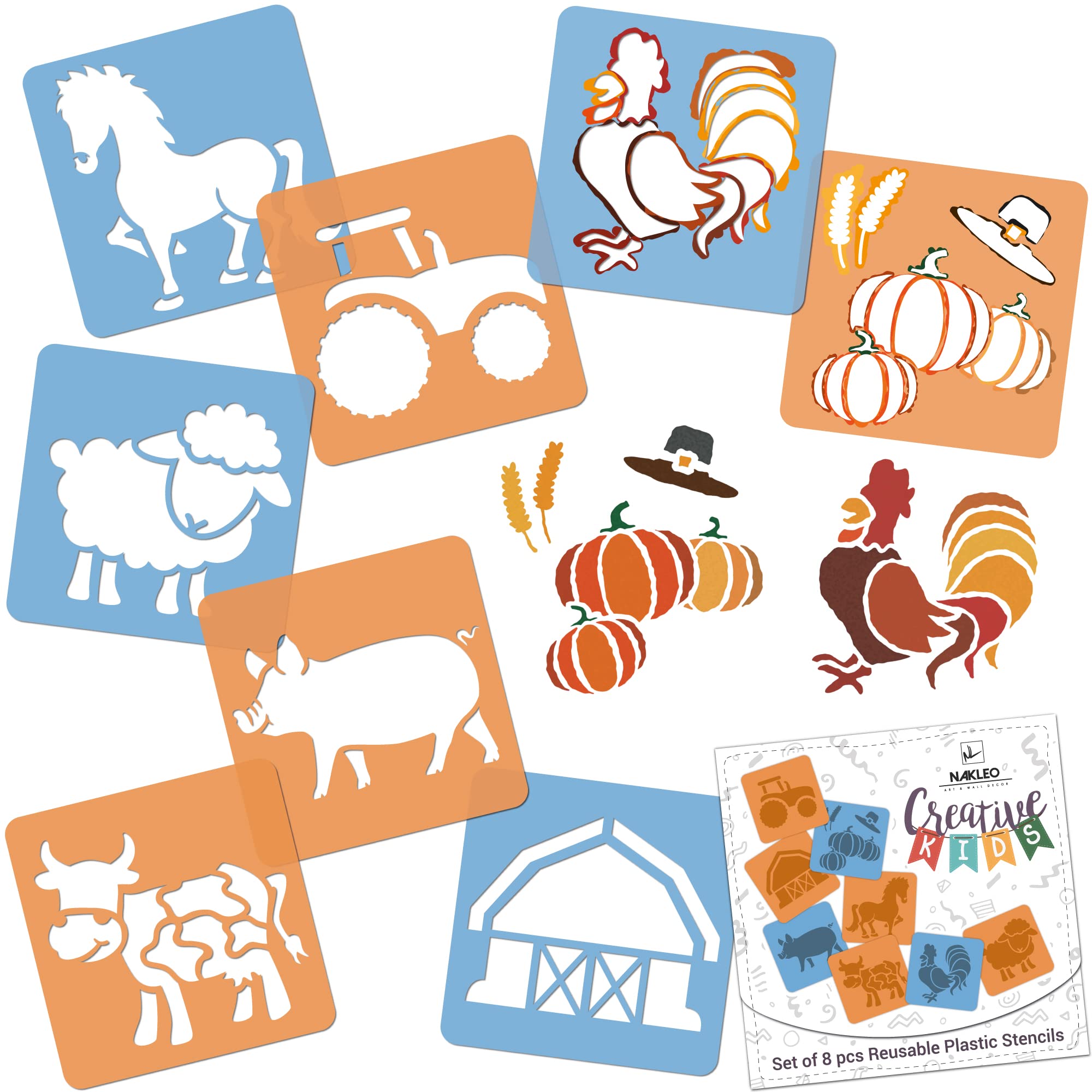 NAKLEO Painting Stencils for Kids, 8 Pcs Set 15x15cm Farm Animals, Children Creative Drawing Templates Plastic and Reusable, DIY Decoration Arts and Crafts, Paper Wall Wood Fabric