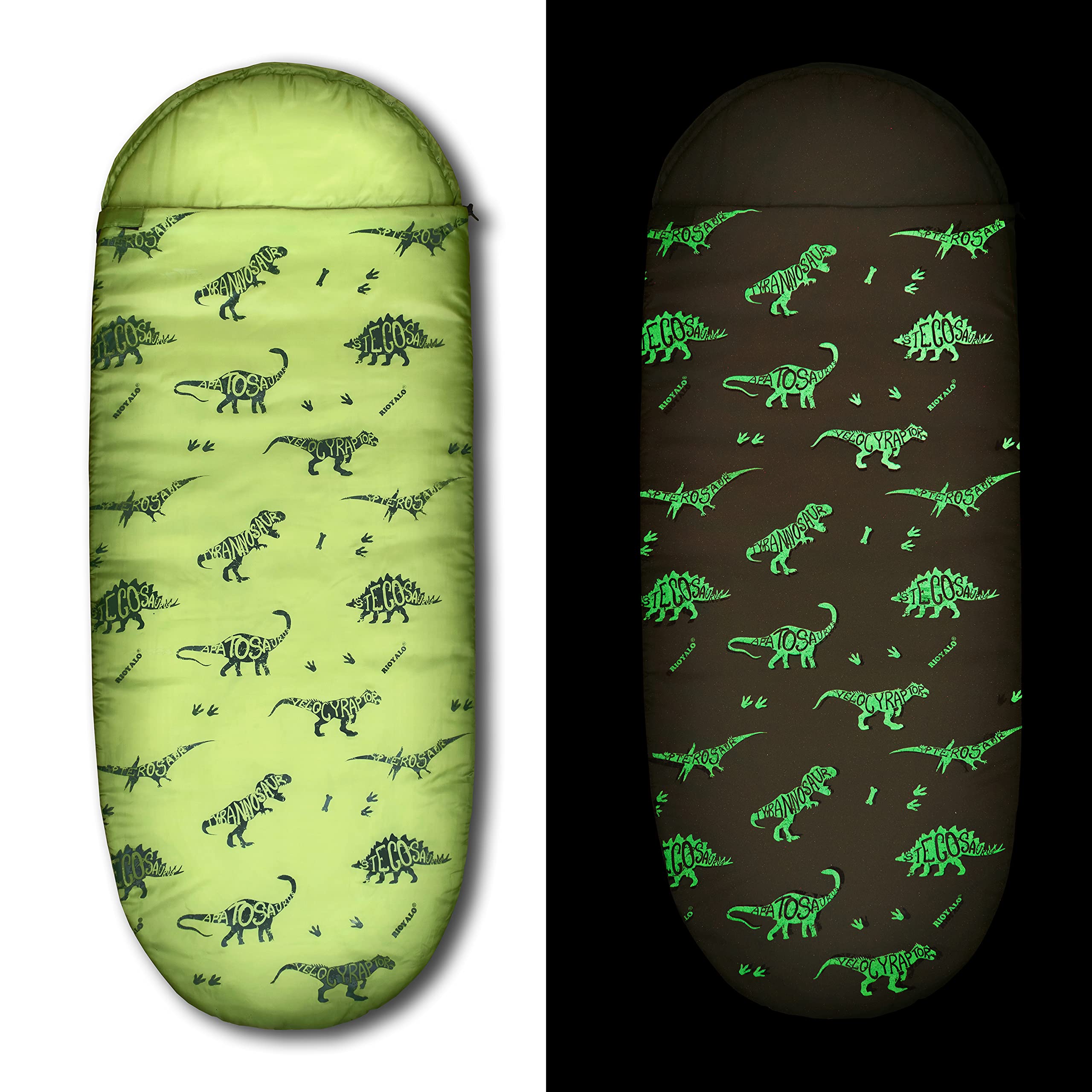 Photo 1 of RIOYALO Kids Glow-in-The-Dark Dinosaur Sleeping Bag for Boys Camping Hiking - Machine Washable, Durable, Waterproof, Lightweight - Slumber Bag & Backpack 2 Pc Gift Set - Age 3-10 | 58" L X 27" W
