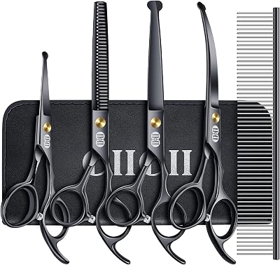 CIICII 7 Inch Dog Grooming Scissors Kit with Safety Tip Curved & Thinning Sets