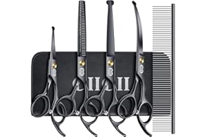 CIICII Dog Grooming Scissors Kit, 7 Inch Professional Pet Grooming Scissors Set with Safety Round Tip (Dogs/Cat Hair Cutting Trimming Thinning Shears with Curved Scissors) for DIY Home Salon (Black)