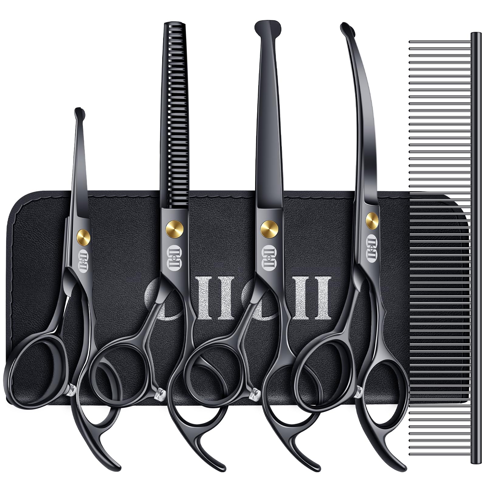 CIICII Dog Grooming Scissors Kit, 7 Inch Professional Pet Grooming Scissors Set with Safety Round Tip (Dogs/Cat Hair Cutting Trimming Thinning Shears with Curved Scissor) for DIY Home Salon (Black)