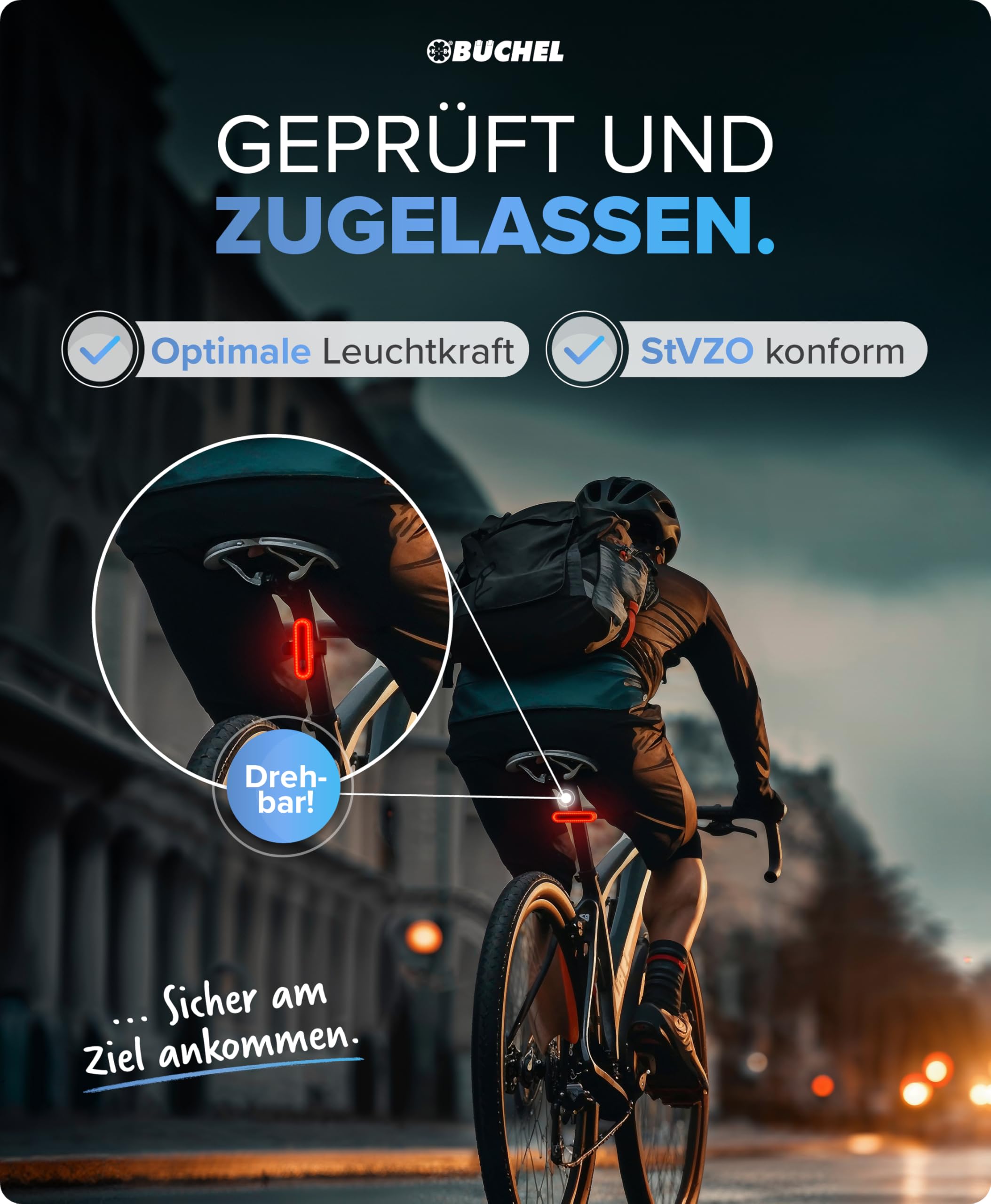 BÜCHEL Fahrradlicht Set - USB-C Fahrrad Lichter LED Set mit 8h Leuchtdauer & Kontrollanzeige - 4‑Modi Vorderlicht (15–60 Lux) - StVZO-Konform (Lichtset, LED Frontlicht 30–60 Lux & COB Rücklicht) 6