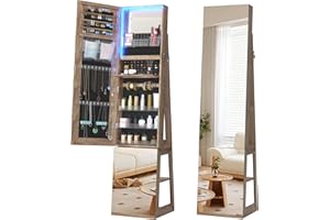 Vlsrka 360° Swivel Jewelry Cabinet with Lights, 63" H Large Capacity Jewelry Armoire with Full Length Mirror, Standing Jewelry Mirror with Storage for Jewelry, 4-in-1 design, Brown