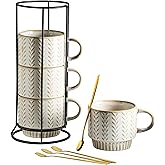 Miamolo Coffee Mugs Set of 4 with Spoons & Stand, Stackable Espresso Cups 13oz Coffee Mug for Drinks Latte Cappuccino Tea, Coffee Cup for Women Men Couples Housewarming Birthday Gift, Dishwasher Safe