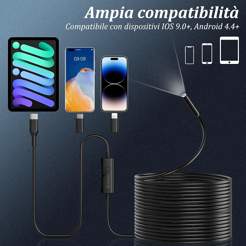 Endoscopio per Smartphone 1920P HD, Telecamera Endoscopica 10m
