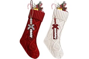 NACKIY 2Pack Personalized Christmas Stockings with Wooden Name Tags, 18 inches Xmas Cable Knitted Stocking for Holiday, Hanging Decoration Gifts for Family Party(White&Red)