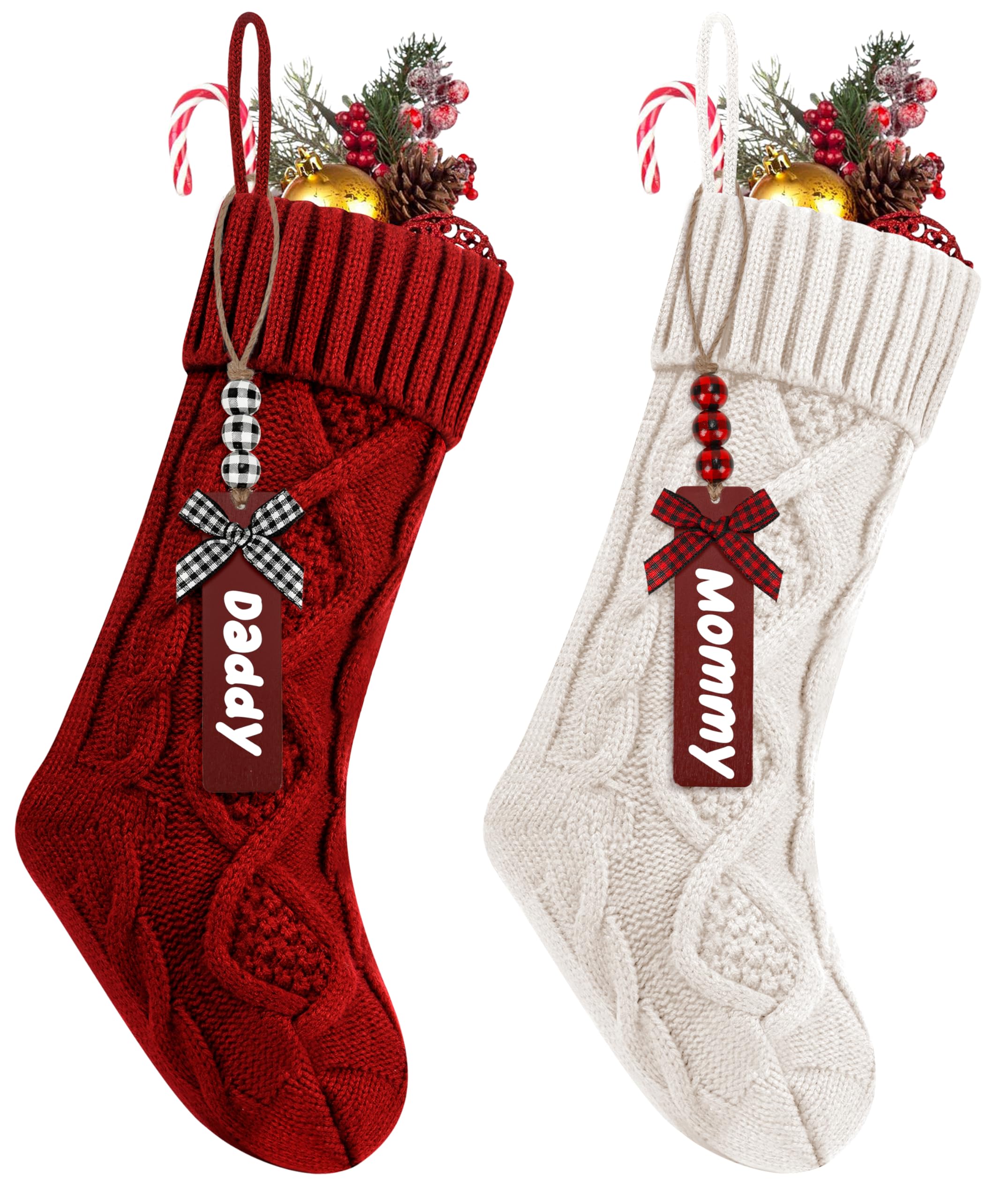 Photo 1 of 2Pack Personalized Christmas Stockings with Wooden Name Tags, 18 inches Xmas Cable Knitted Stocking for Holiday, Hanging Decoration Gifts for Family Party(White&Red)