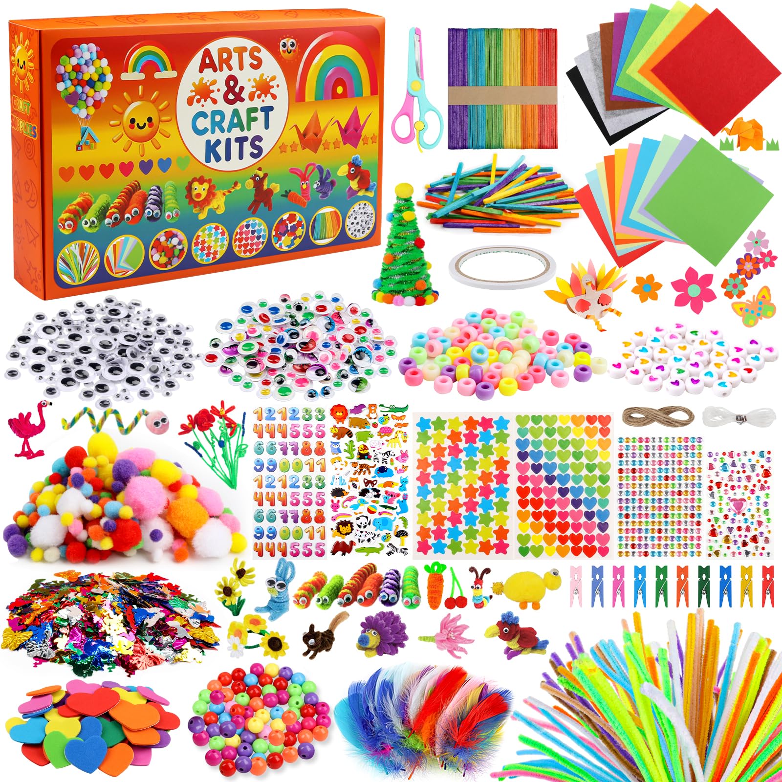 DOITEM Pipe Cleaners Craft Supplies, 2000+Pcs Arts and Crafts Supplies DIY School Craft Project Including Pipe Cleaner Pom Poms Craft Kits for Kids Age 4-9