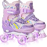 Nattork Kids Roller Skates for Girls, 4 Size Adjustable Rainbow Quad Skates with All Light Up Wheels - Best Birthday Gift for Outdoor Sports