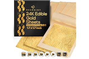BeePoint 24K Edible Gold Leaf Sheets 20 Pcs - 1.7 x 1.7 Inches Gold Leaves for Cake Decorating, Baking & Cooking, Art & DIY Projects, Gilding Crafting, Makeup & Home