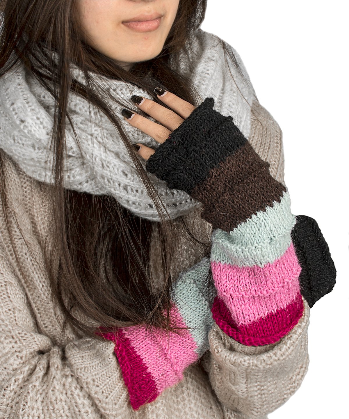 Photo 1 of ***1 WRIST HAS A SNAG**** Tribe Azure Fair Trade Arm Warmers Women, Warm Winter 100% Wool Hand Knit Crochet hand warmers gloves, wrist warmers women, Knit Fingerless gloves (PInk)
