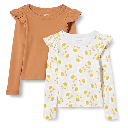 Amazon Essentials Girls' Long Sleeve Ruffle T-Shirt, Pack of 2, Light Caramel/Graphic Flower, X-Small