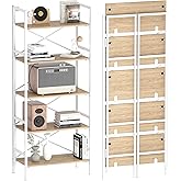 Folding Bookshelf,5 Tier Bookcase Foldable Shelf with X-Bracket Design, Adjustable Feet, Space Saving Storage for Living Room, Office, Light Coffee