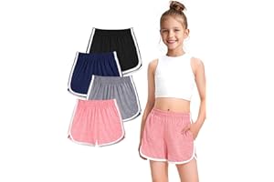 BOOPH 4 Packs Girls Shorts Quick Dry Kids Athletic Soccer Running Dolphin Shorts with Pockets