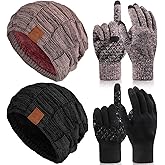 Geyoga 4 Pack Winter Hats for Men Beanie and Gloves Set, Winter Slouchy Beanie Hat Warm Gloves Lined Knit Thick