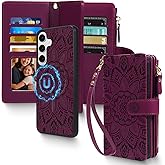 Harryshell 2 in 1 for Samsung Galaxy S25+ Plus Wallet Case Magnetic Compatible with Magsafe RFID Blocking Card Holder Detachable Phone Cover Zipper Purse Kickstand Wrist Strap for Men Floral Burgundy
