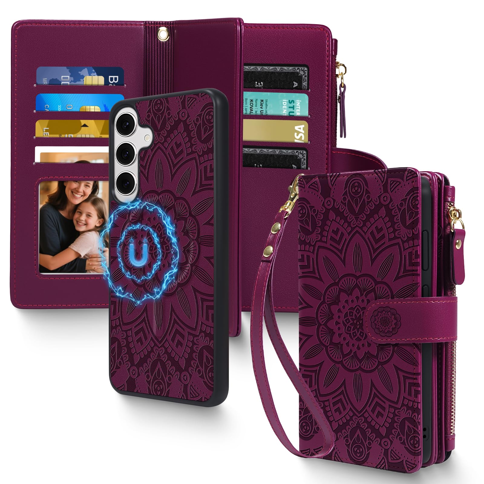 Harryshell 2 in 1 for Samsung Galaxy S25 Wallet Case Magnetic Compatible with Magsafe RFID Blocking Card Holder Detachable Phone Cover Zipper Purse Kickstand Wrist Strap for Men Women Floral Burgundy