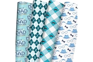 ZINTBIAL Father's Day Wrapping Paper for Dad, Birthday, Wedding - Holiday Gift Wrap with Mustaches, Plaid, Hat, Tie, "Best Dad Ever" Design - 20 x 29 Inches per Sheet (8 Sheets 33 sq. ft.) Recyclable,