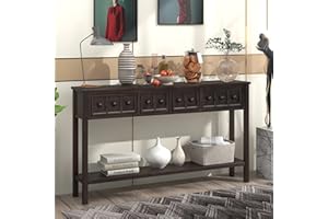 Rustic Console Table 60in Long Entryway Table with 4 Drawers and Bottom Shelf for Storage, Slim Sofa Table for Hallway or Beh