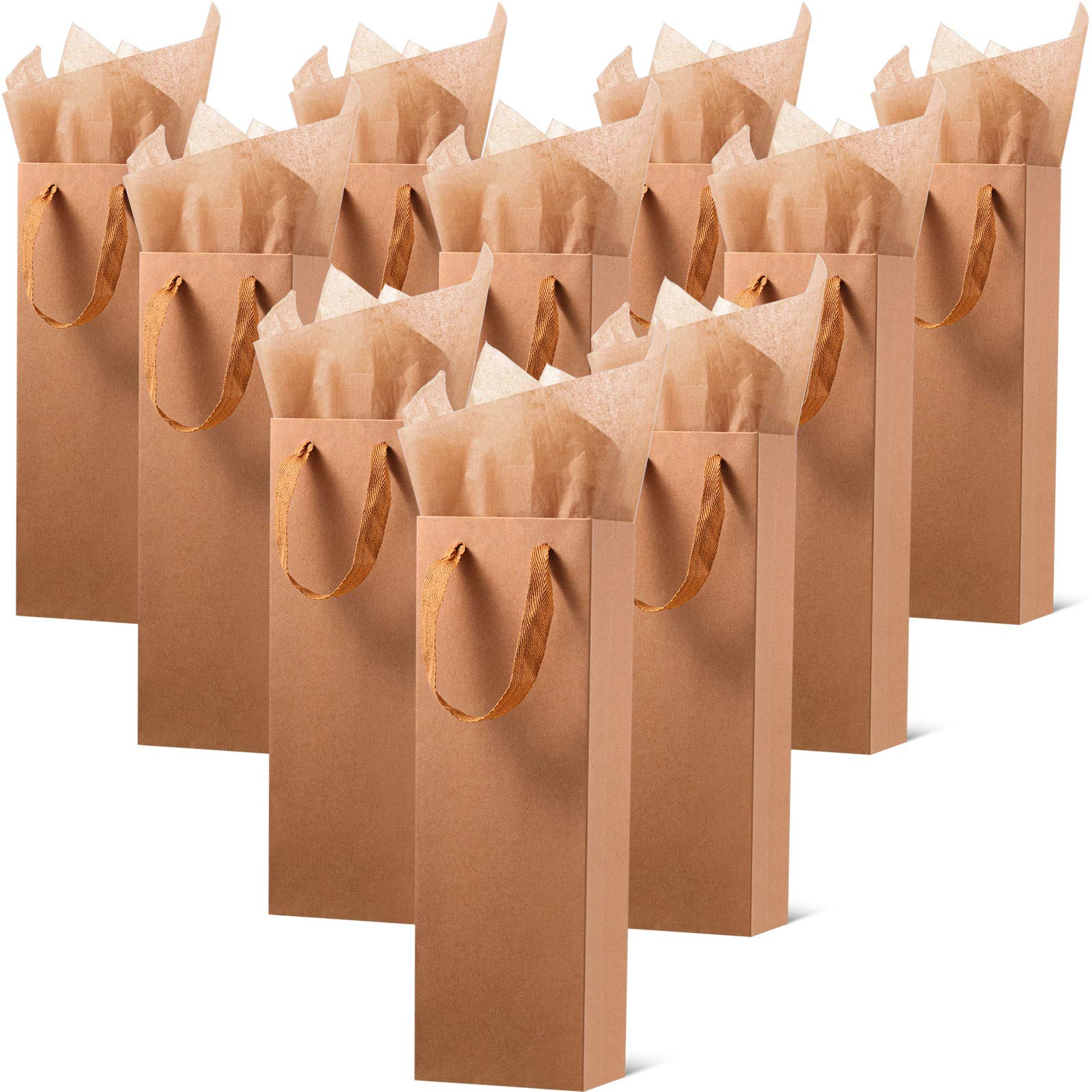 Zonon 24 Pack Kraft Paper Wine Gift Bag Wine Bottle Paper Gift Bag Holder with Handles Retail Bulk for Wedding Party, 4 x 3.5 x 14 Inch(Brown)