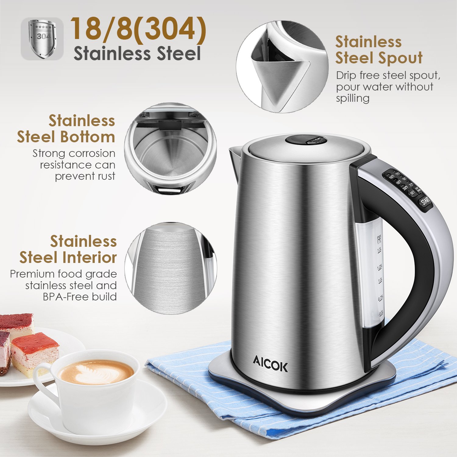 Aicok Electric Kettle Variable Temperature Tea Kettle, Stainless Steel